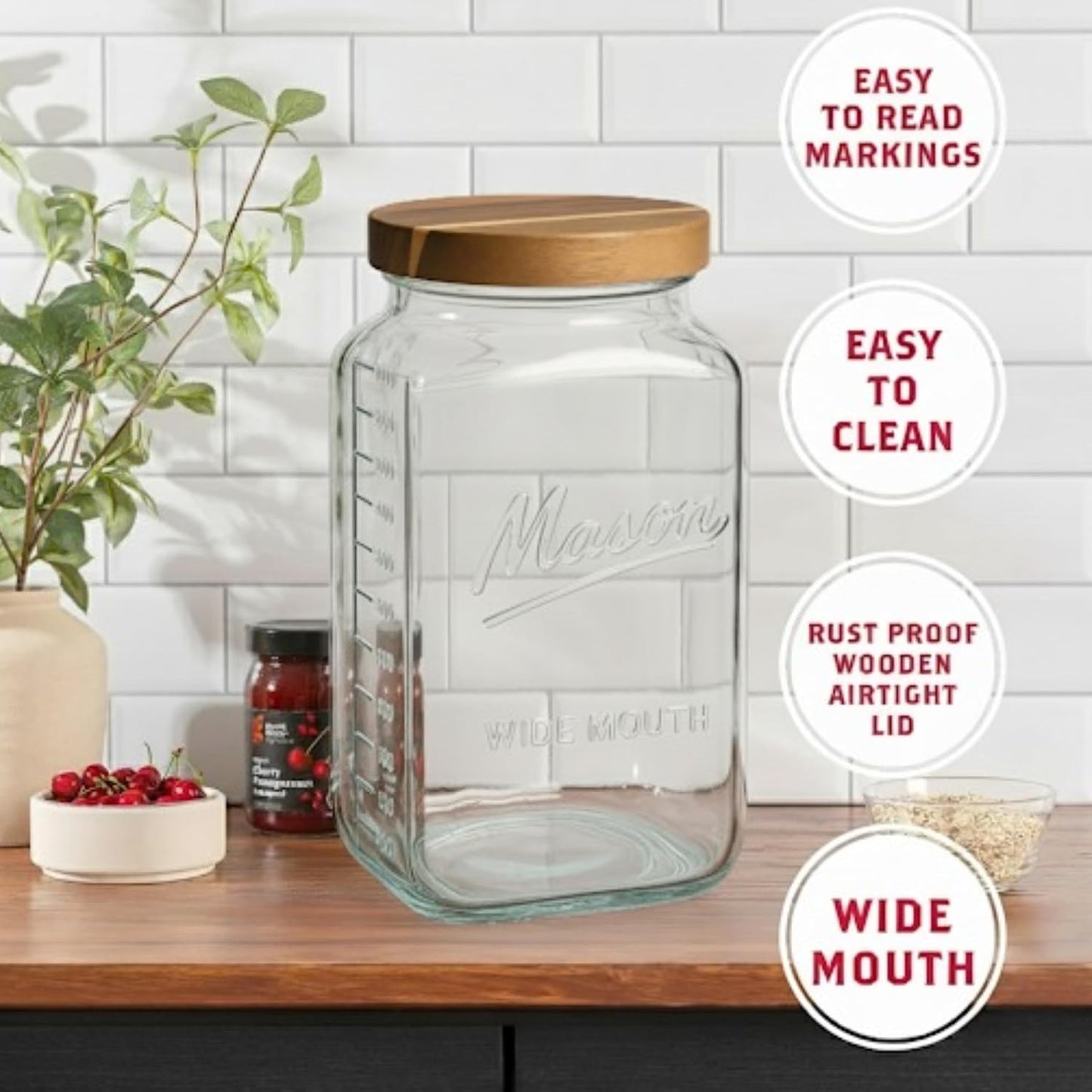 2 Gallon Square Glass Mason Jar - Wooden Lid
