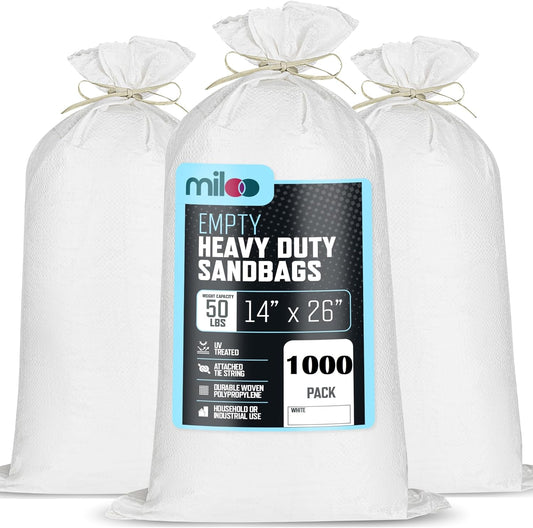 Sandbags for Flooding - Heavy Duty 50 lb Empty Sand Bags with Tie Strings for Flood Control - 1600 Hours of UV Protection Woven Polypropylene Bags - 14 x 26 Inches (White, Pack of 1000)