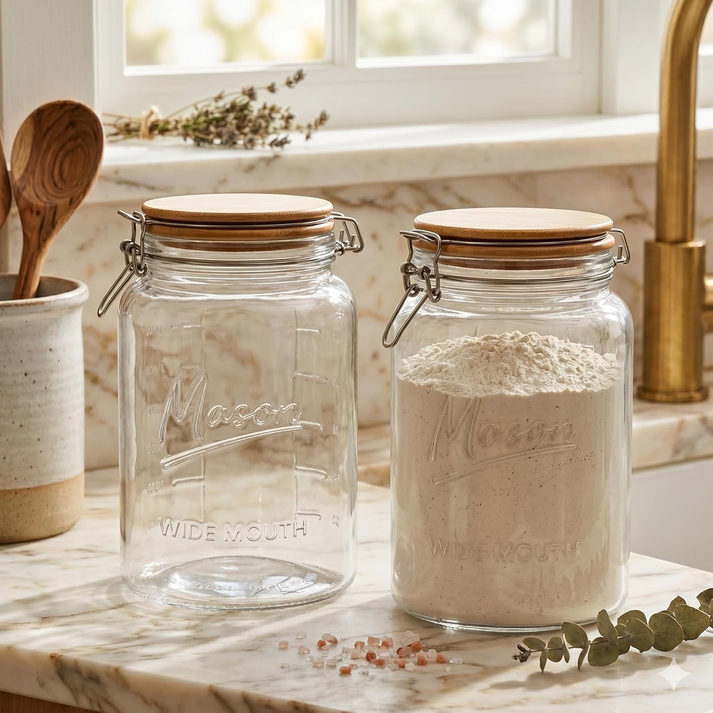 1 Gallon Round Glass Mason Jar - Bamboo Swing-Top Lid
