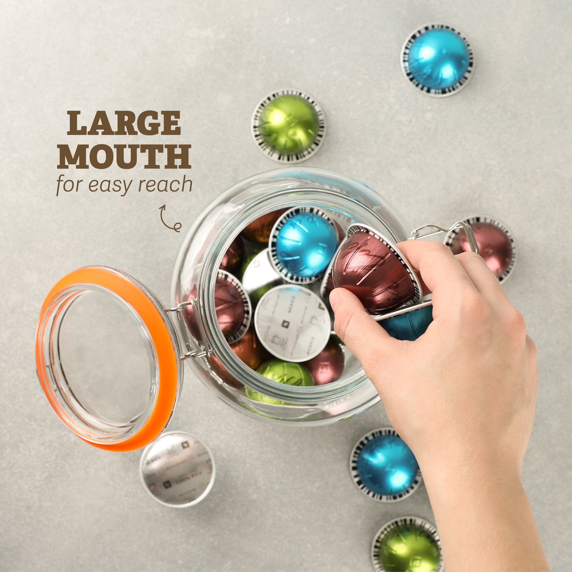 Gallon glass jar with hinged lid for bulk snacks