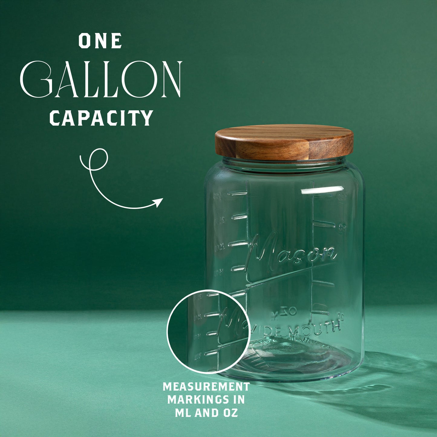 Mason logo gallon jar on open shelving