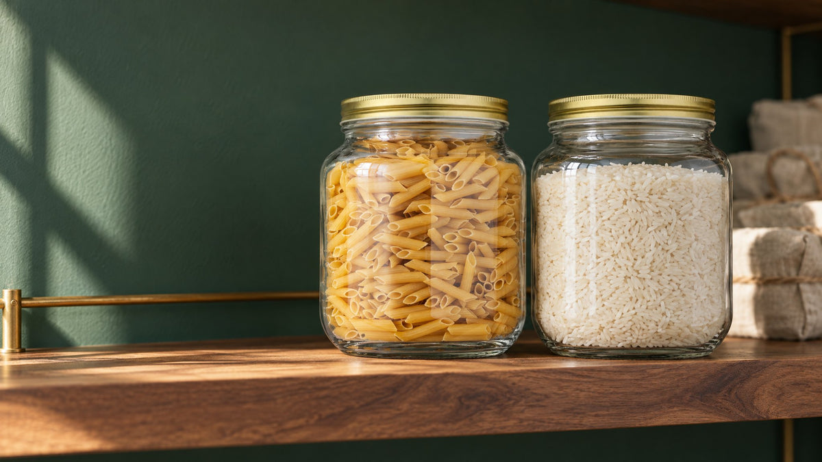 Two KitchenToolz half gallon wide mouth mason jars with gold lids, filled with penne and rice, on a walnut pantry shelf