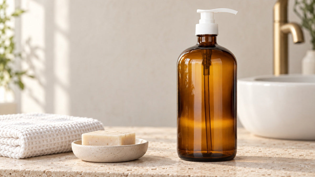 KitchenToolz 32 oz amber glass pump bottle on a stone bathroom vanity