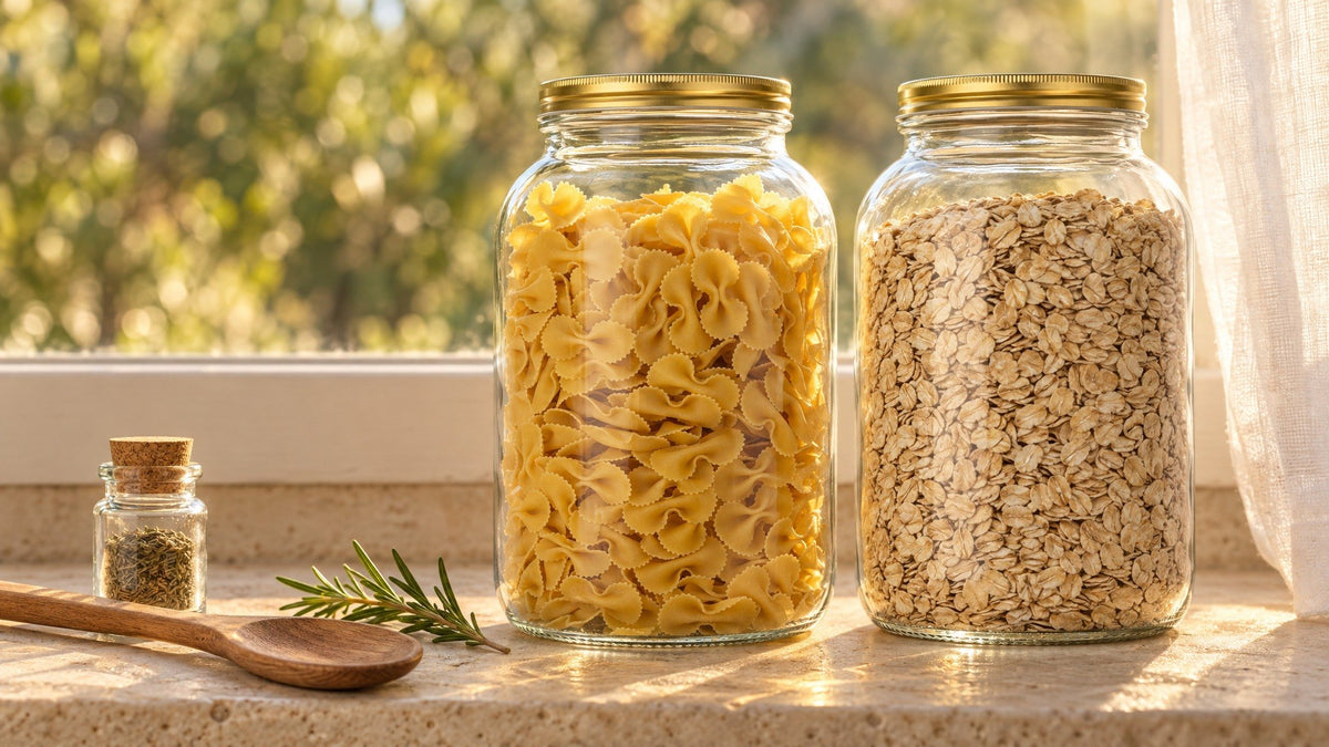 Two KitchenToolz 1 gallon glass mason jars with gold metal lids, filled with bow-tie pasta and oats, on a sunlit stone windowsill