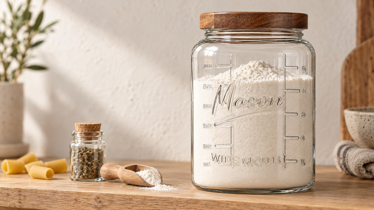KitchenToolz 1 gallon glass mason jar with wooden lid filled with flour on a pantry shelf