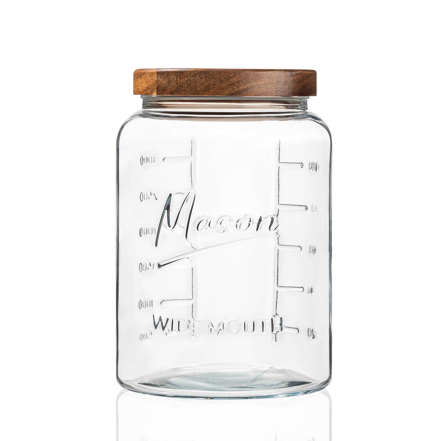1 gallon mason jar with embossed Mason logo and wood lid