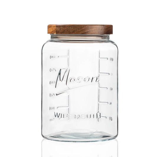 1 gallon mason jar with embossed Mason logo and wood lid