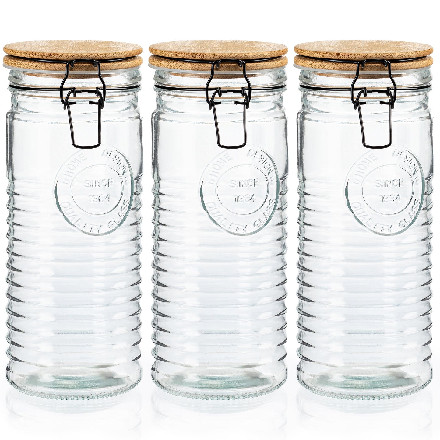 Glass storage jar set on pantry shelf