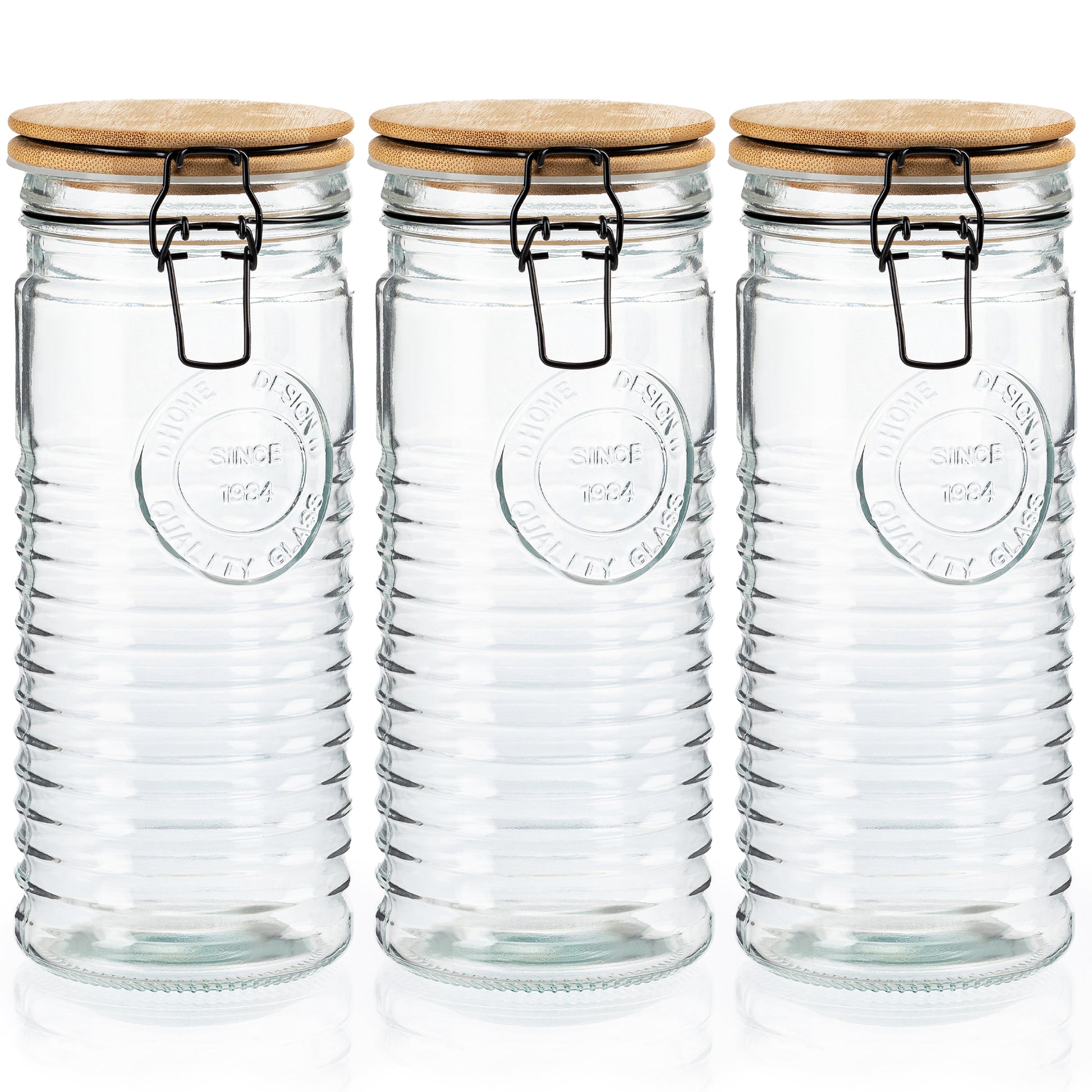 Glass storage jar set on pantry shelf