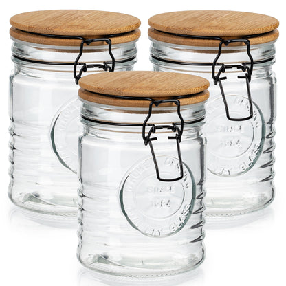 Glass Storage Jar Set of 3 - Bamboo Clasp Lids