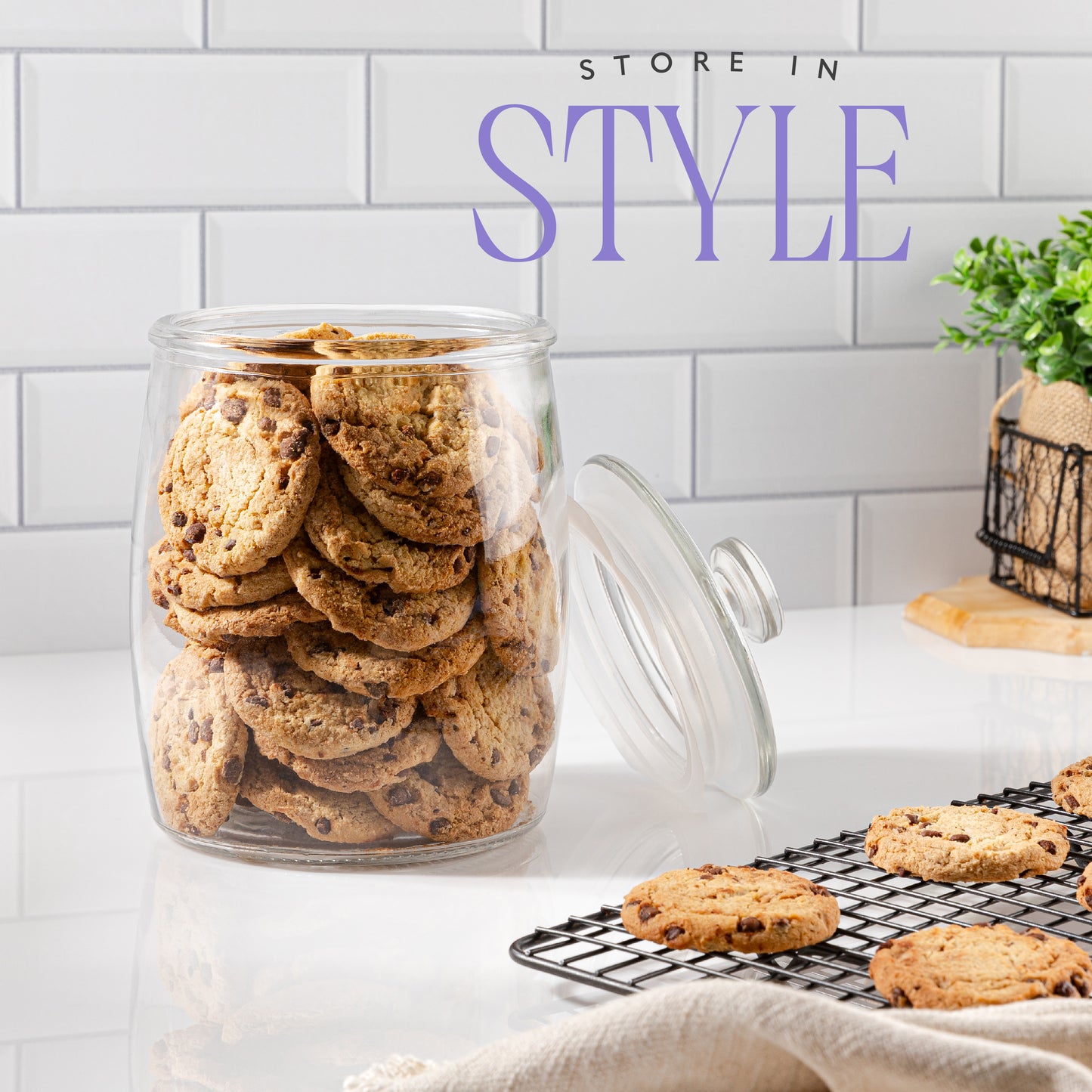 64 oz glass cookie canisters on counter