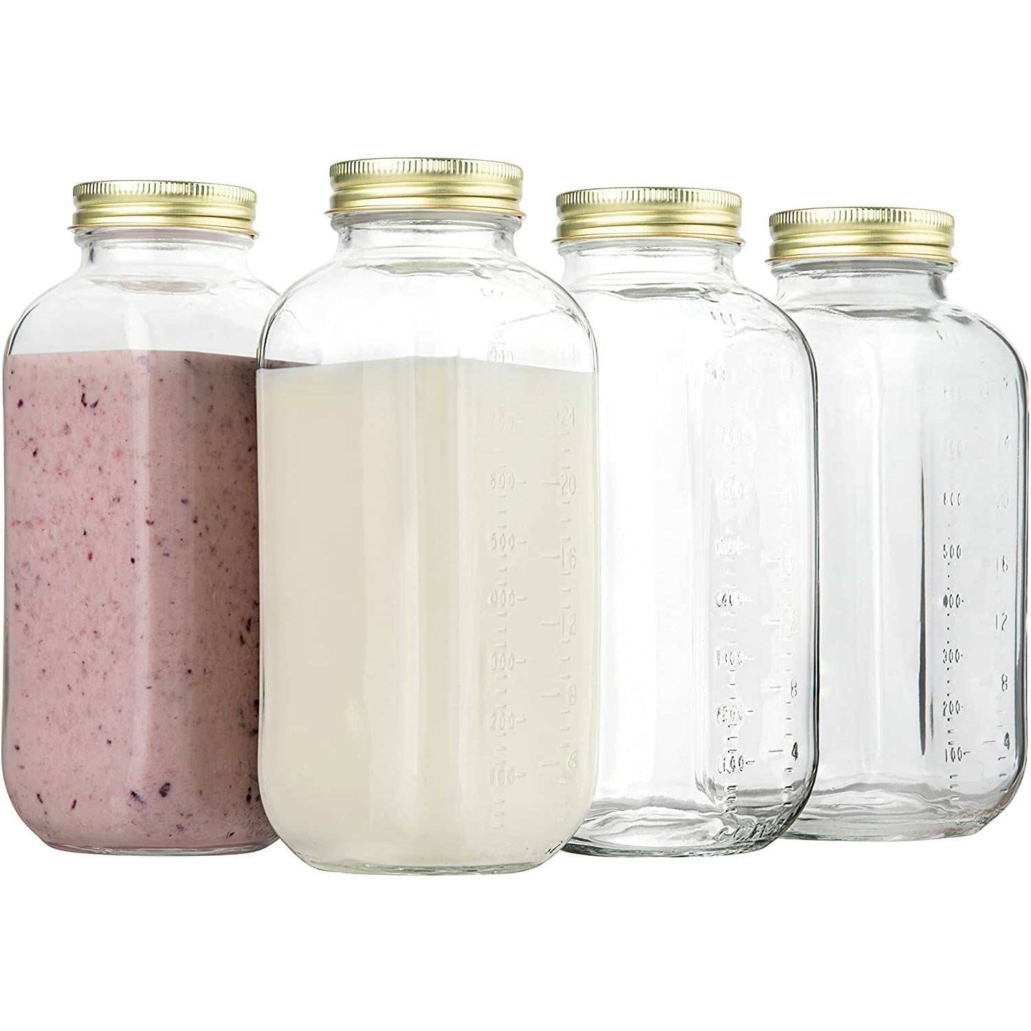 Kitchentoolz 32 oz Round Glass Milk Bottle Carafe with Lids & Pour Spout  Made in USA 2 Pack 