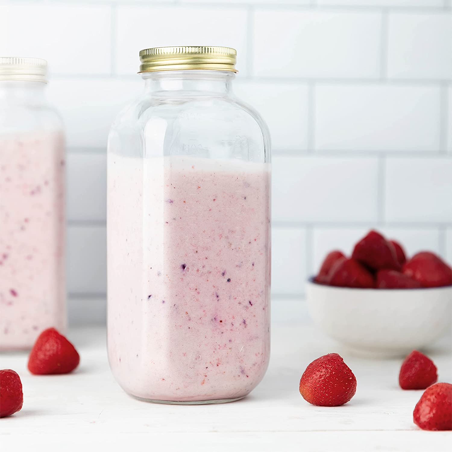 Square glass milk bottles, set view