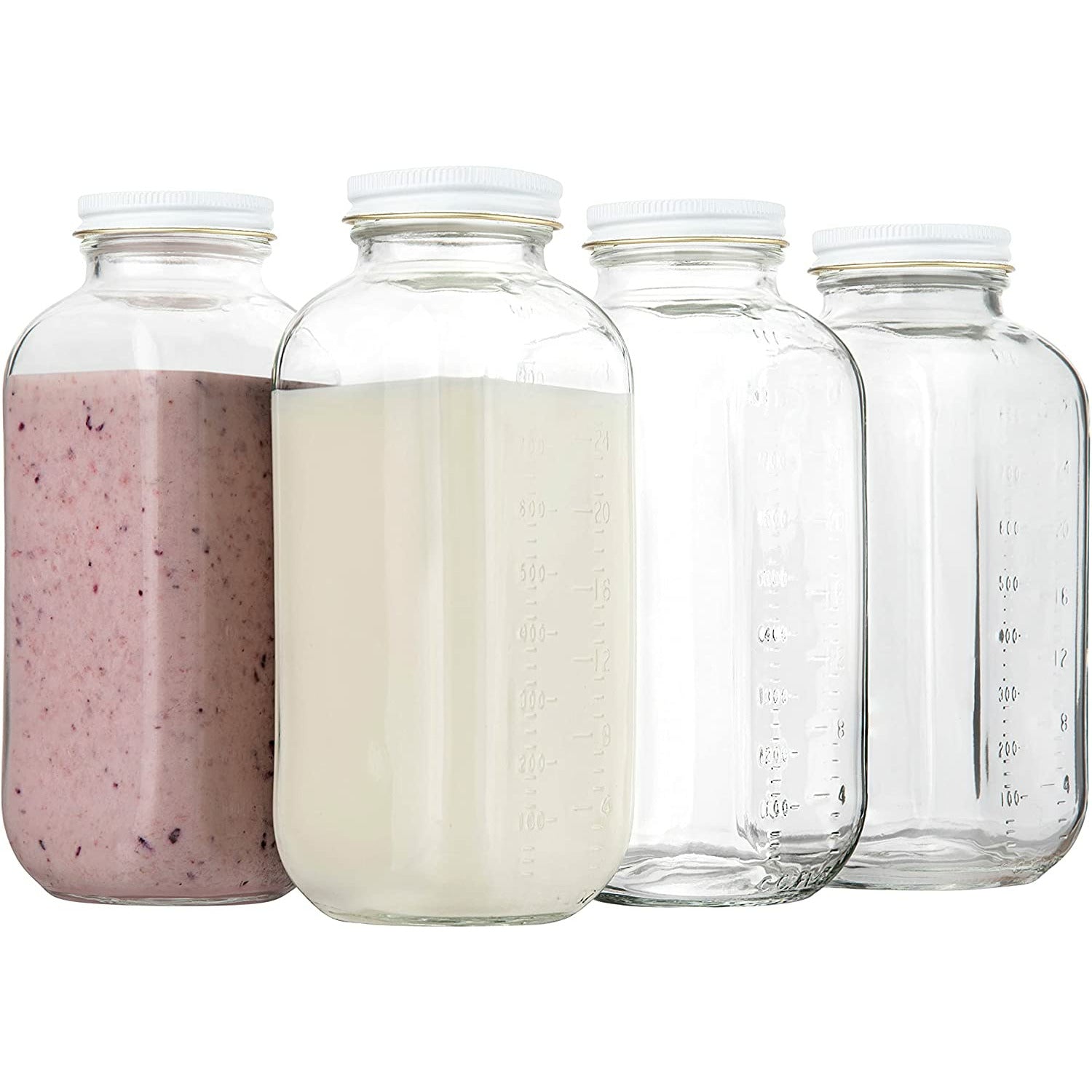 Kitchentoolz 32oz Square Glass Milk Bottle with White Metal Airtight Lids - Vintage Reusable Milk Jugs - Dairy Drinking Containers for Milk