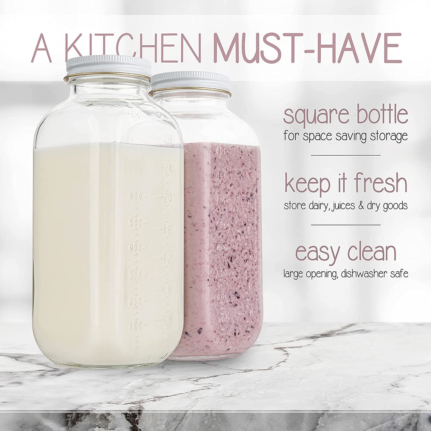 32oz Square Glass Milk Bottle with Metal Airtight Lids