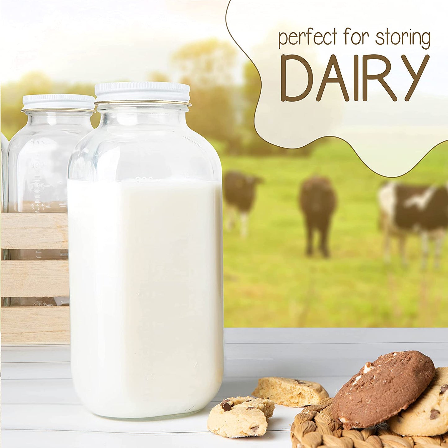 32oz Square Glass Milk Bottle with Metal Airtight Lids