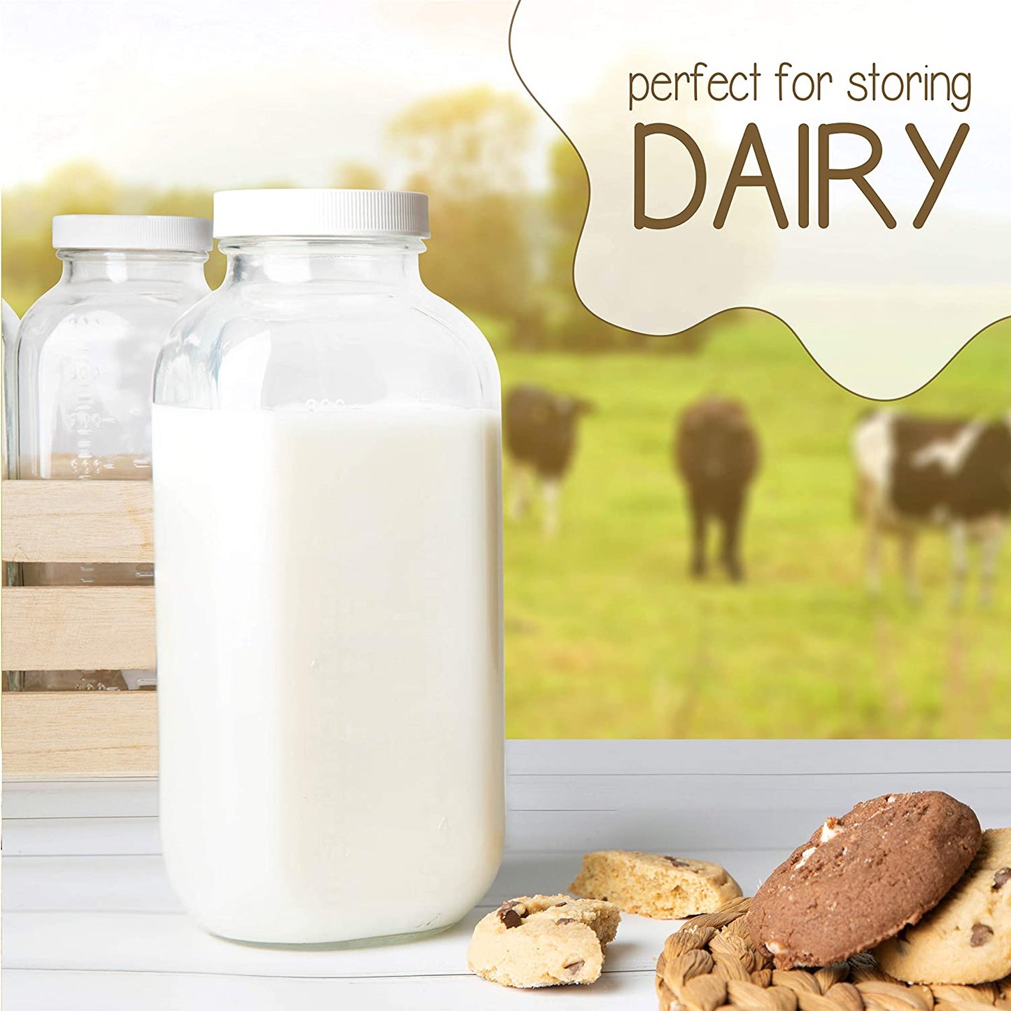 32oz Square Glass Milk Bottle with Plastic Airtight Lids