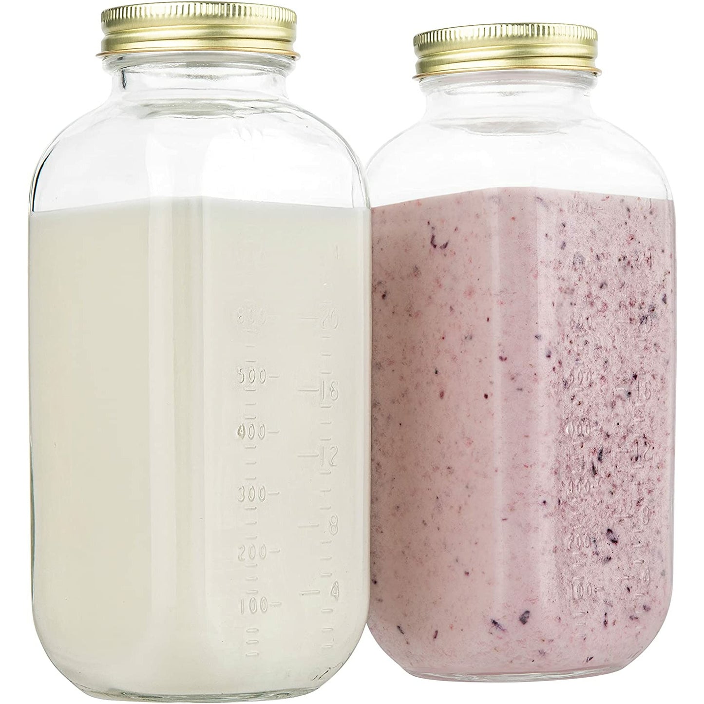 Kitchentoolz 32 oz Round Glass Milk Bottle Carafe with Lids & Pour Spout Made in USA 2 Pack, Size: 32 Ounce, Clear