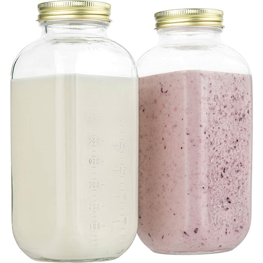 32oz Square Glass Milk Bottle with Metal Airtight Lids