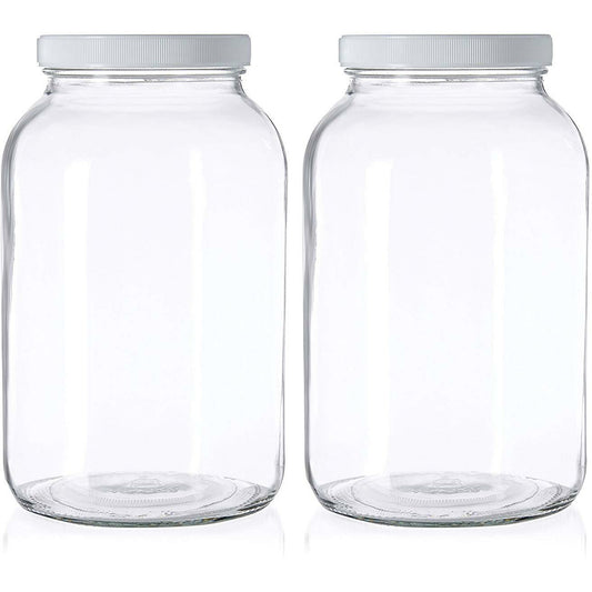 1 gallon glass mason jar with white plastic lid, wide mouth