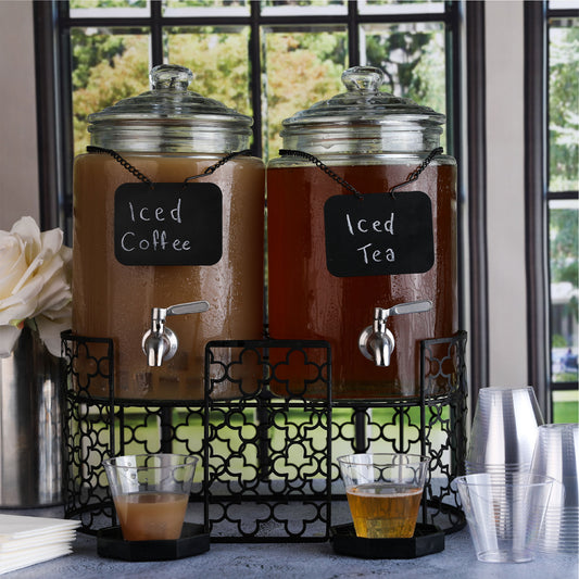 Dual 1.5 Gallon Glass Beverage Dispensers with Decorative Metal Stand
