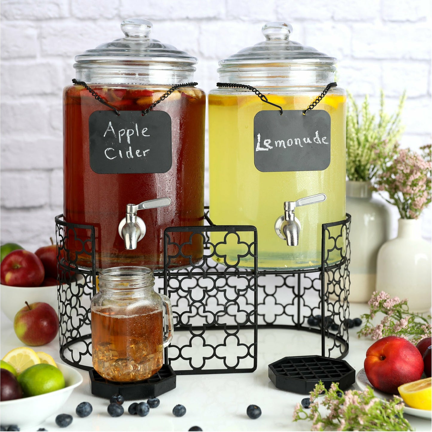 Dual 1.5 Gallon Glass Beverage Dispensers with Decorative Metal Stand