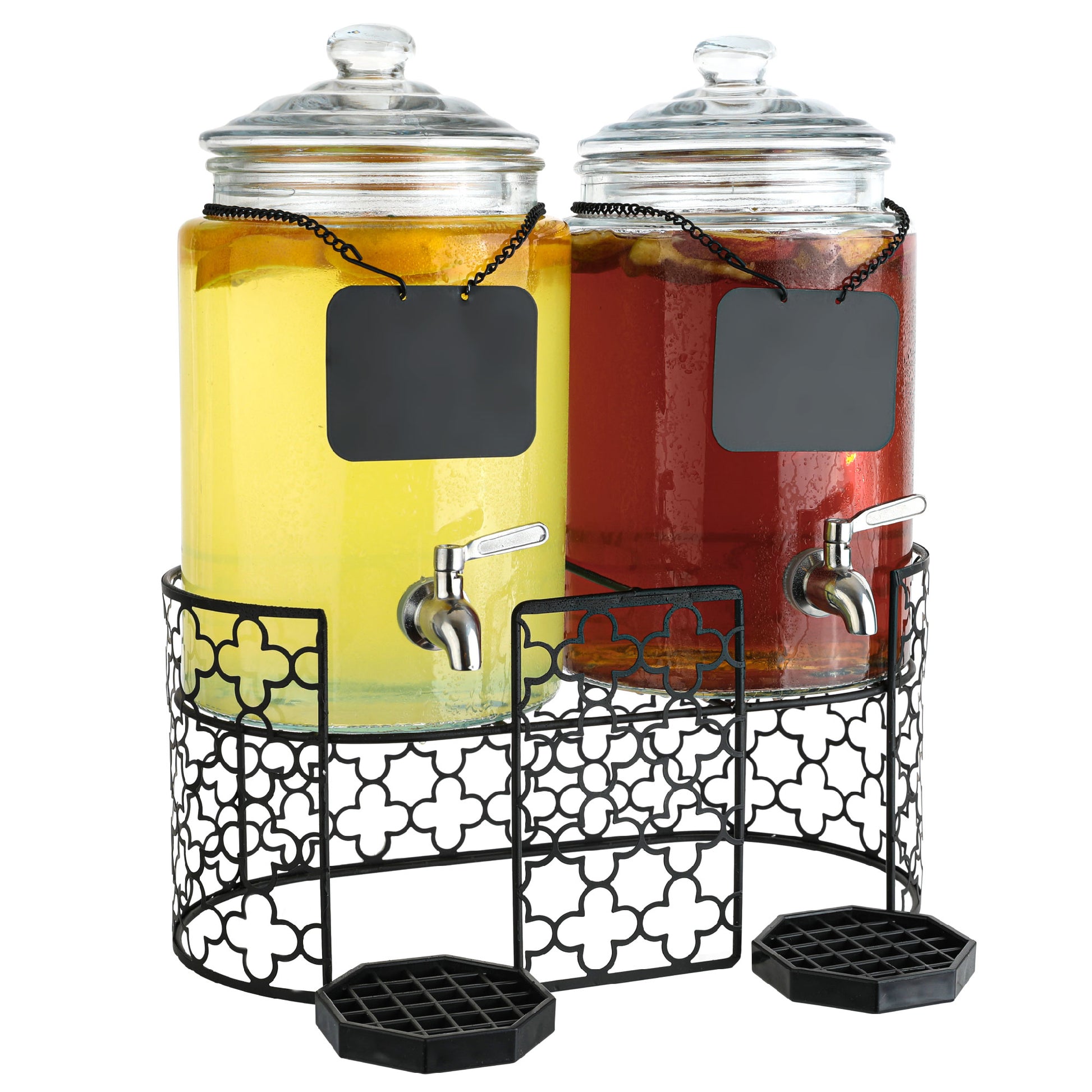 Dual 1.5 gallon glass beverage dispensers on decorative metal stand