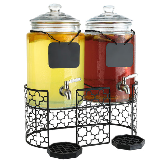 Dual 1.5 gallon glass beverage dispensers on decorative metal stand