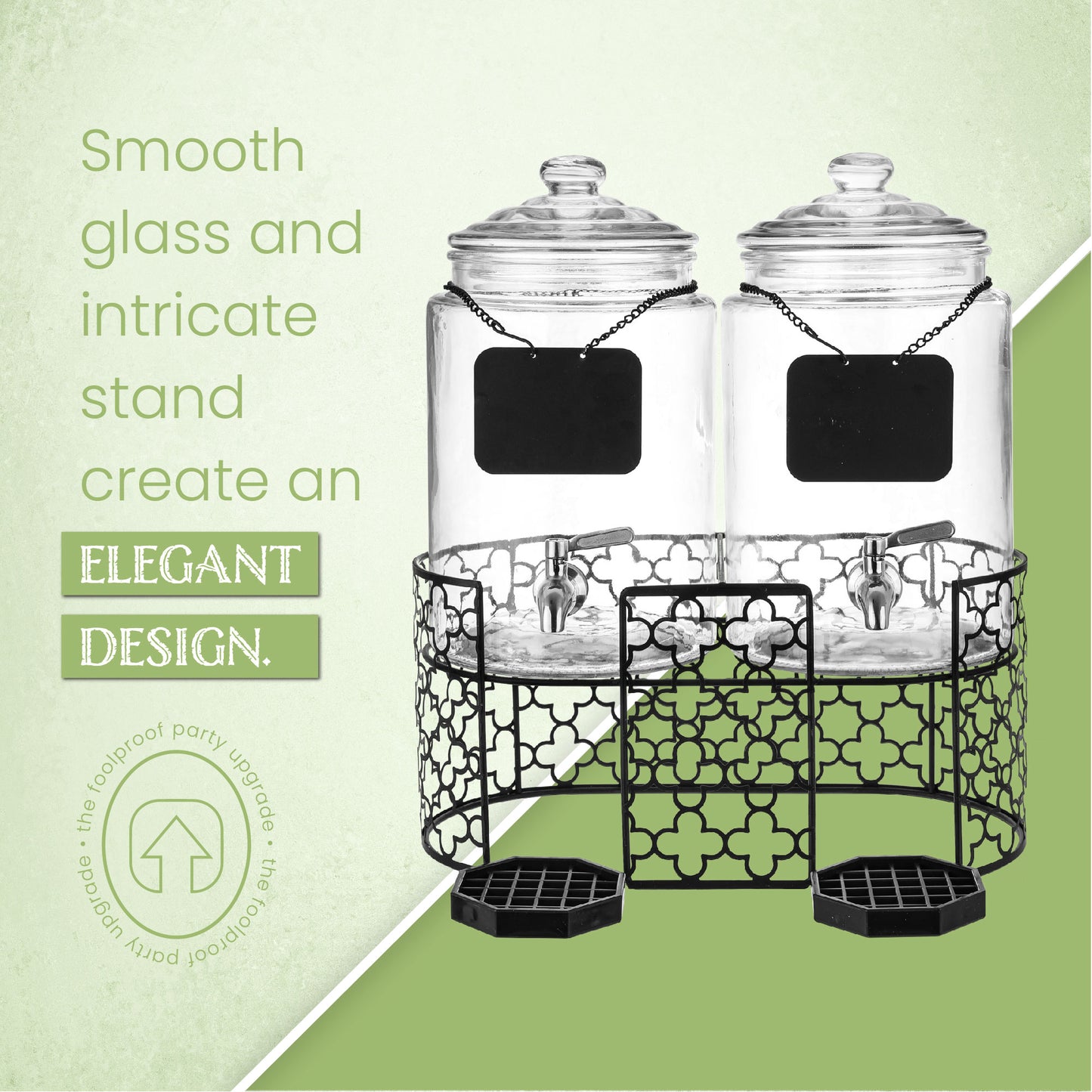 Dual 1.5 Gallon Glass Beverage Dispensers with Decorative Metal Stand