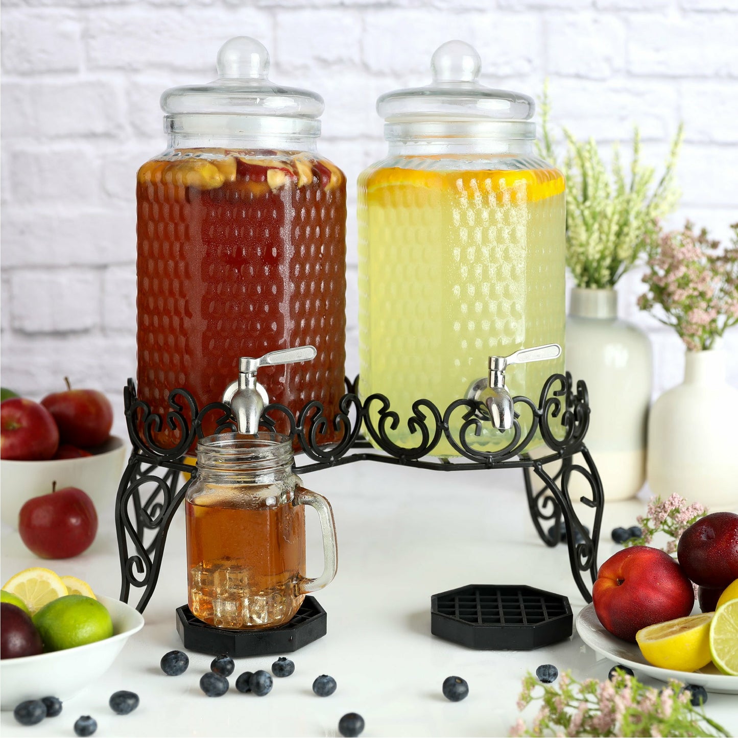 Dual Gallon Glass Beverage Dispensers with Decorative Metal Stand