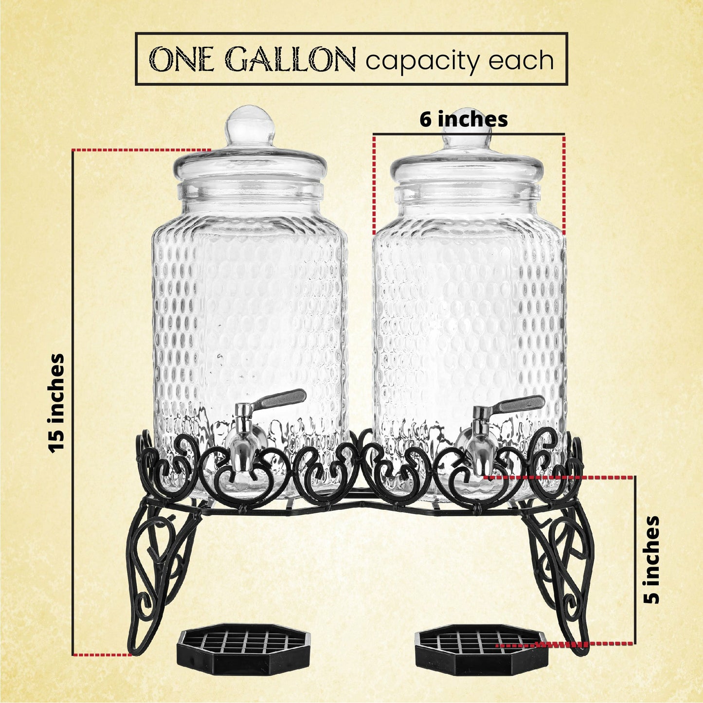 Dual Gallon Glass Beverage Dispensers with Decorative Metal Stand