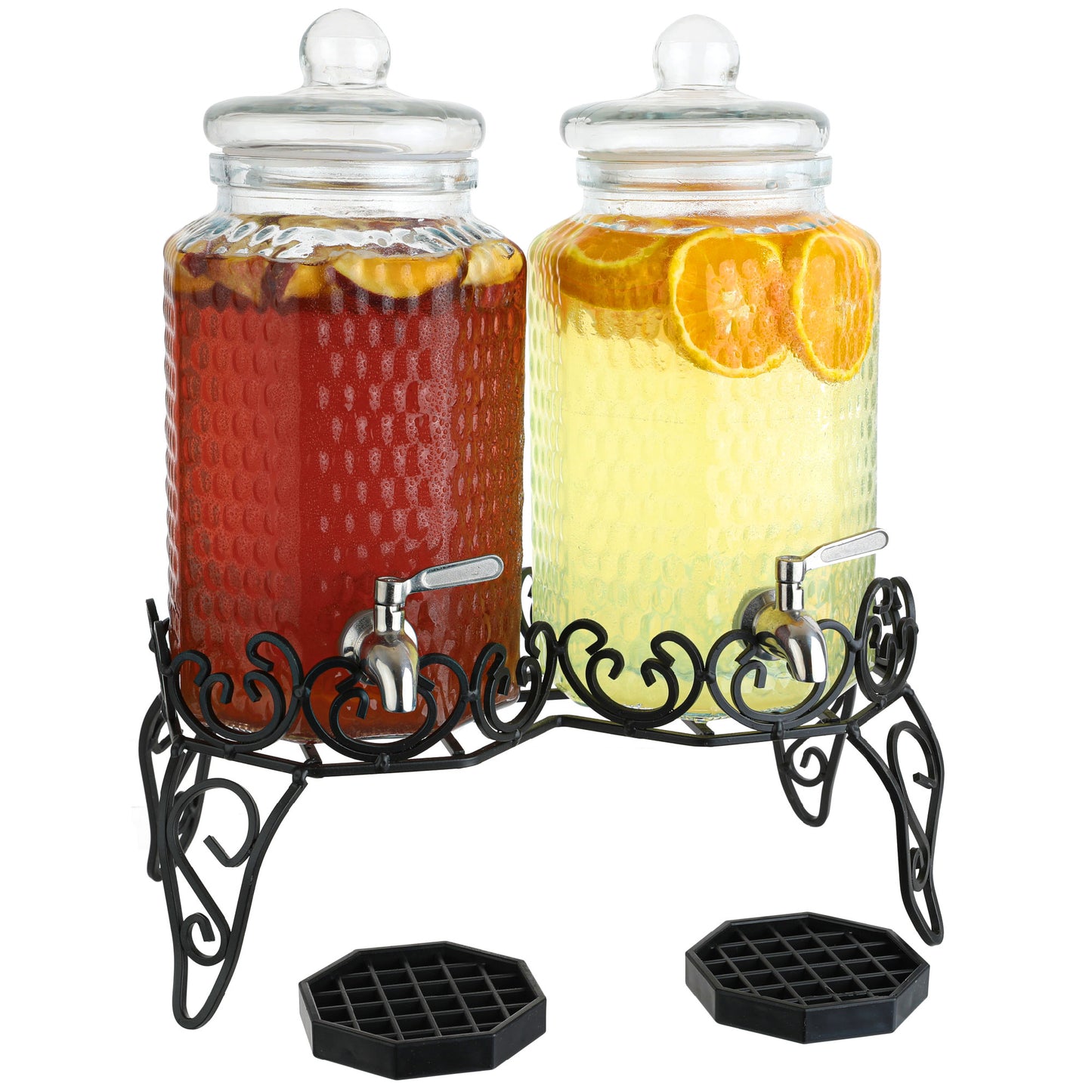 Dual 1 gallon glass beverage dispensers on decorative metal stand