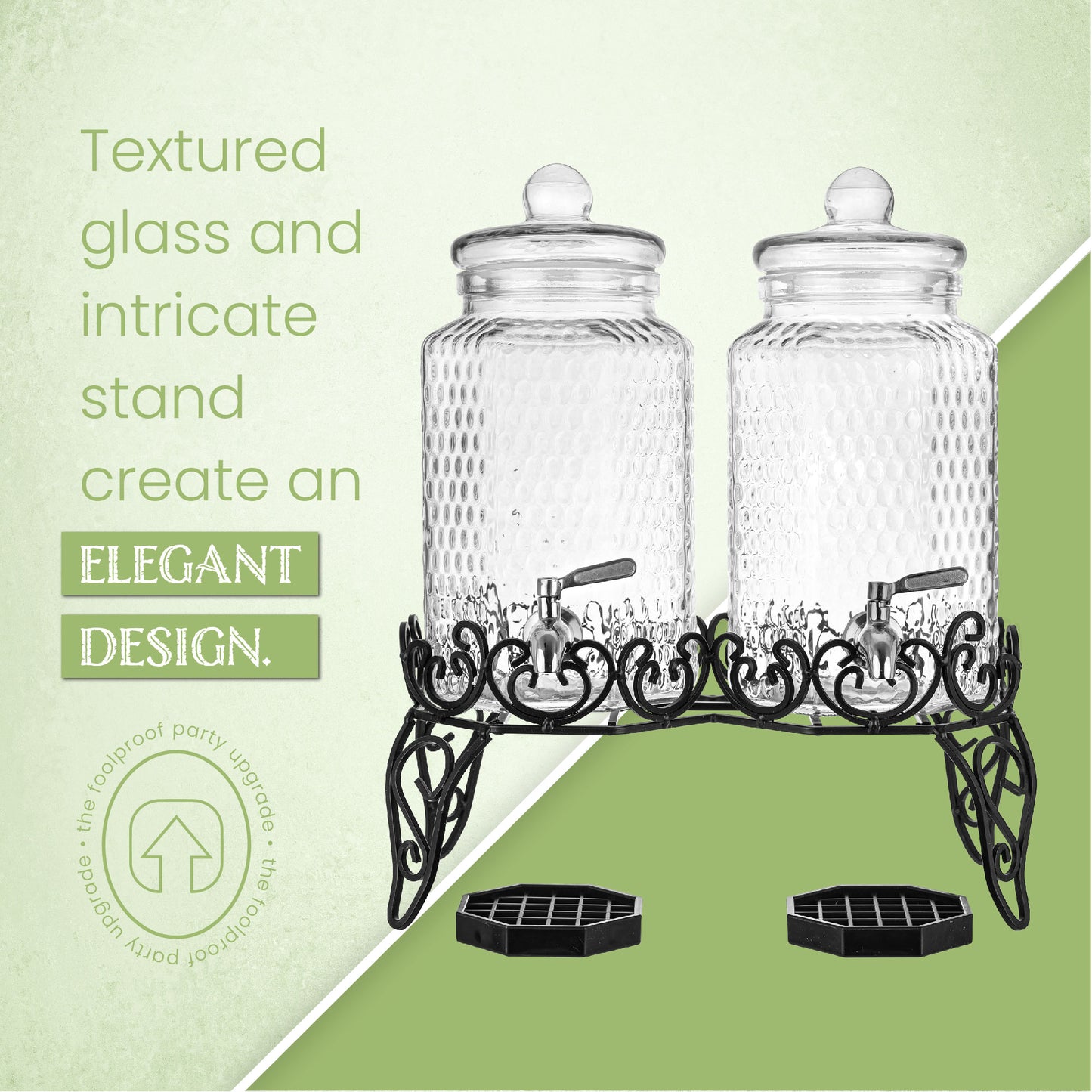 Two gallon glass drink dispensers, side by side serving