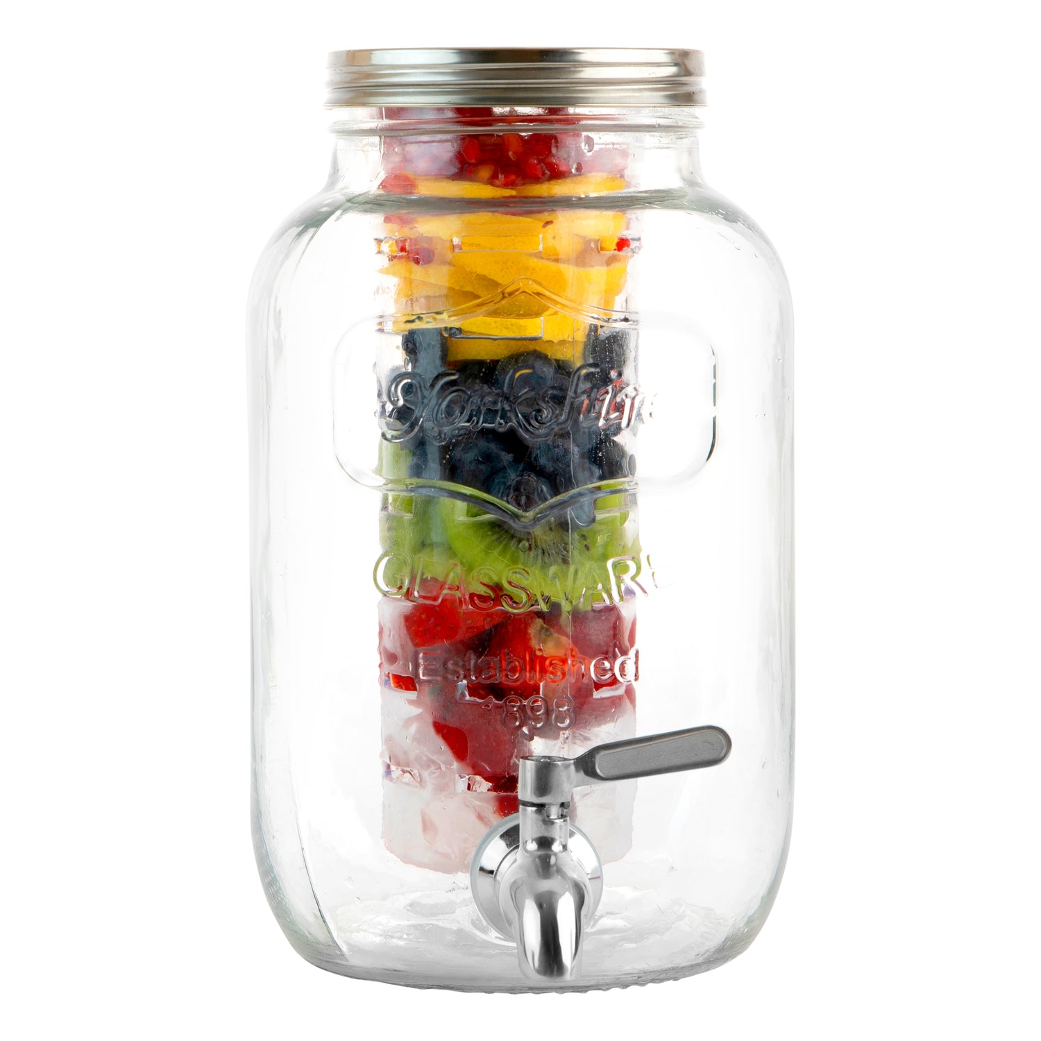 Glass Drink Dispenser with Spigot, Ice Infuser, & Fruit Infuser