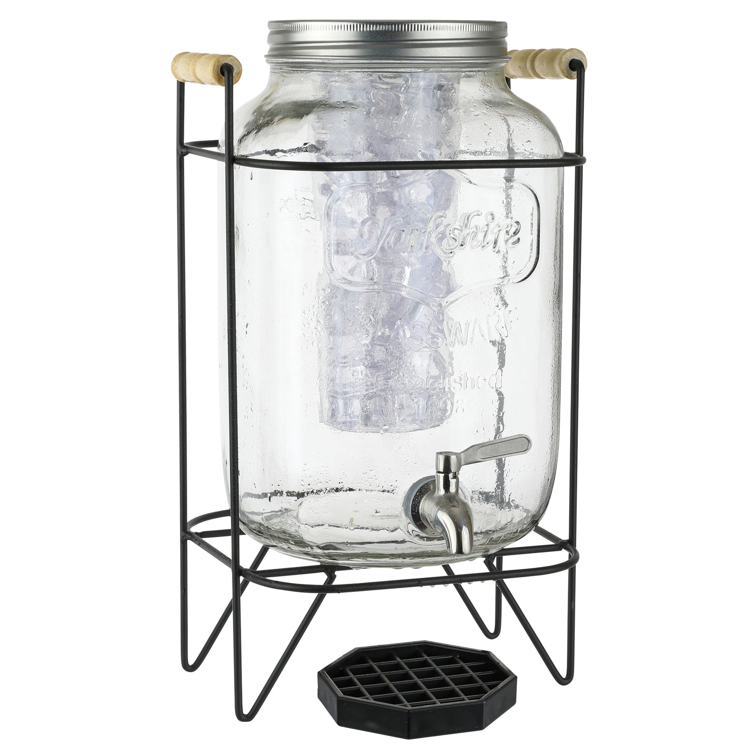 2 Gallon Glass Beverage Dispenser with Ice and Fruit Infusers, Metal Wire Stand with Wooden Handles, Drip Tray and Stainless Steel Spigot- Mason