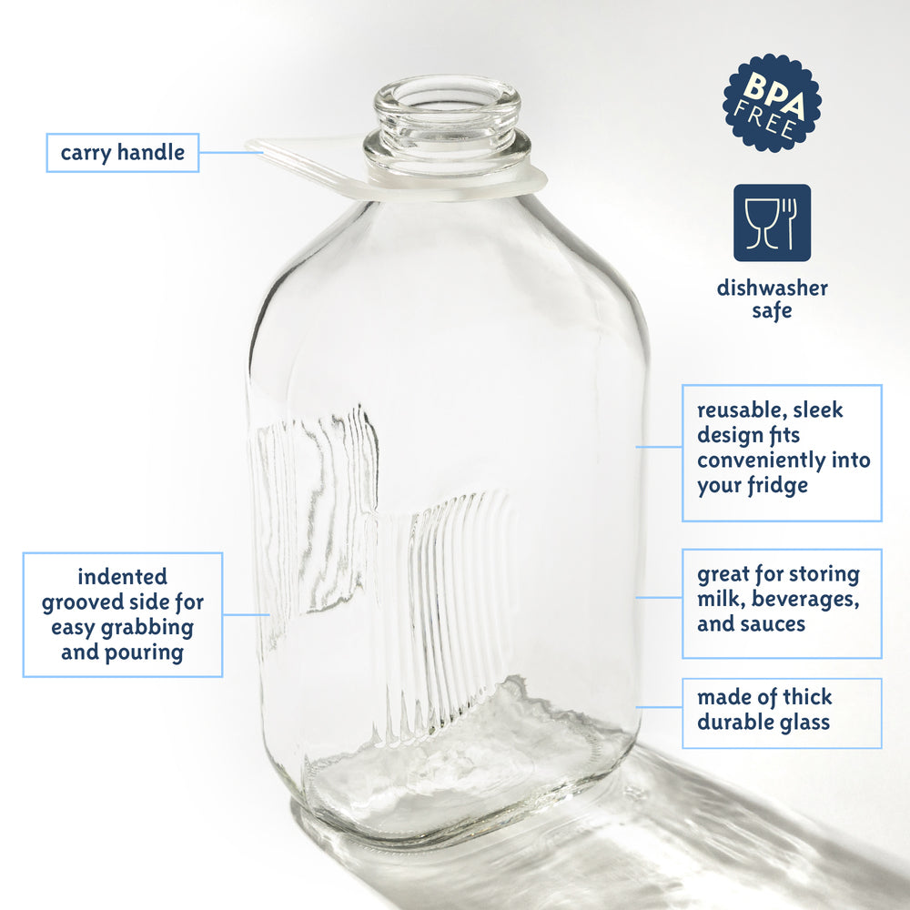 New! Glass Milk Bottle with Lid and Pourer Multi-Pack. 64 Oz