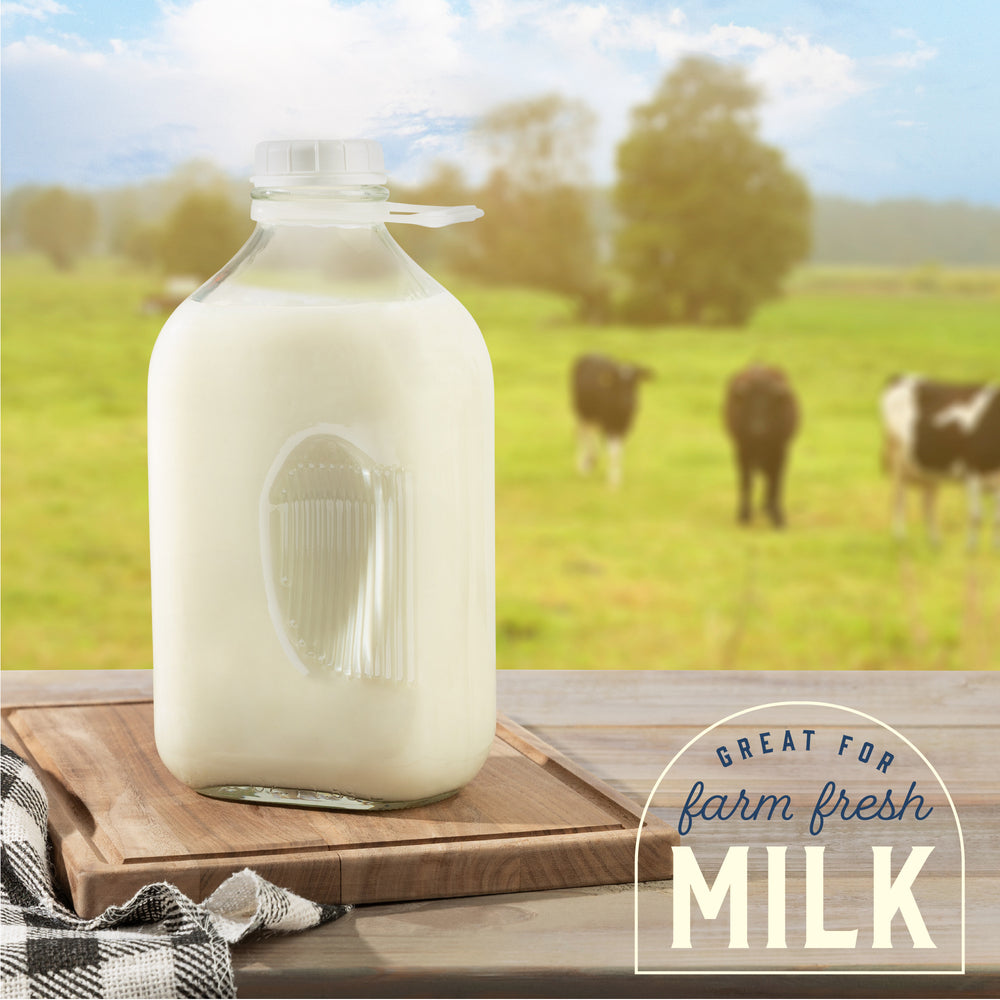 64 oz glass milk bottle on fridge shelf
