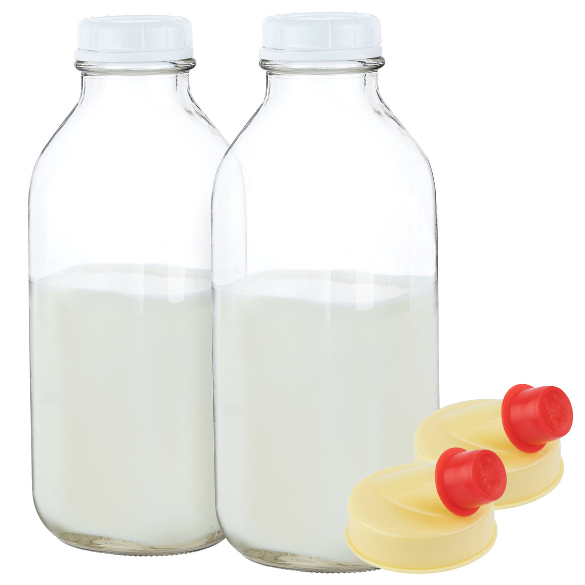 Square quart milk bottles packed flush in fridge