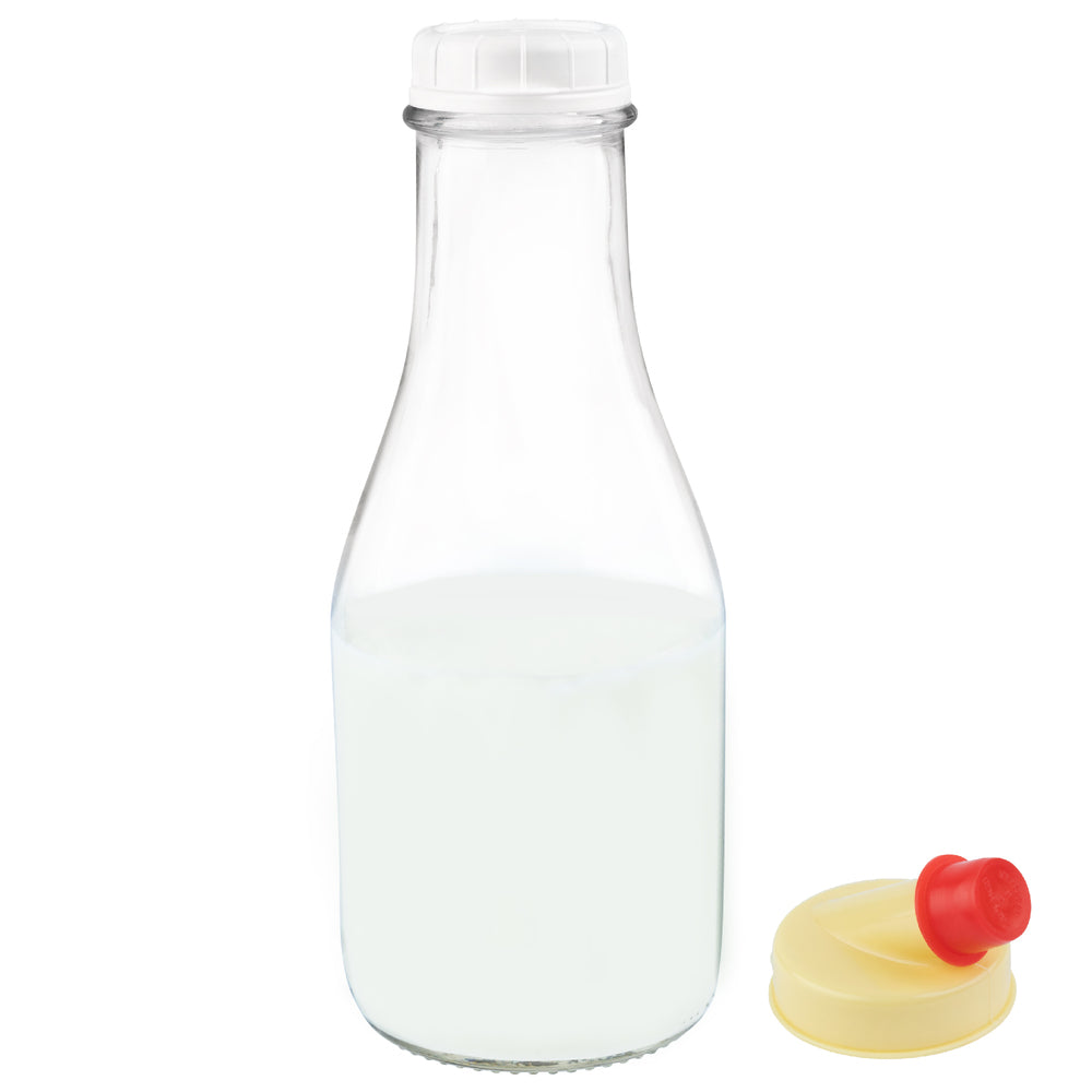 32 oz round farmhouse glass milk bottle with lid and pour spout