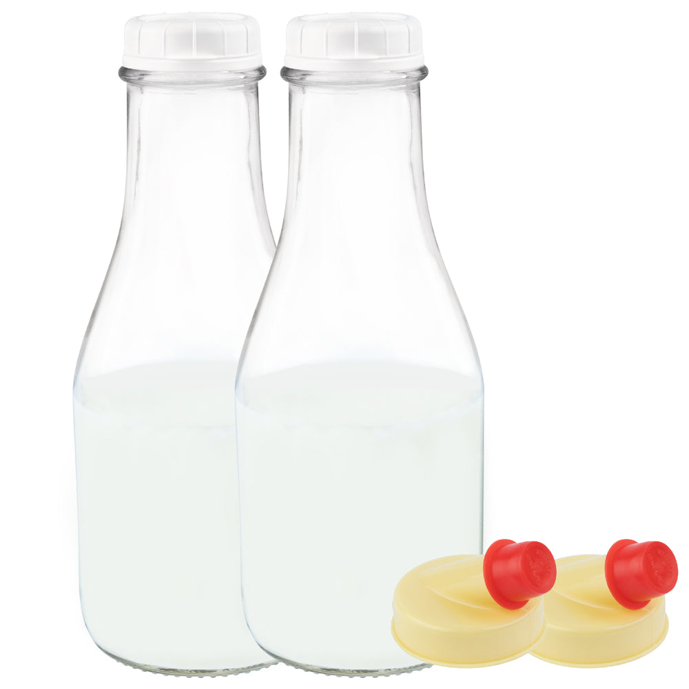 Elegant Pack of 2 Oz Glass Milk Bottles with Lids, Half Gallon