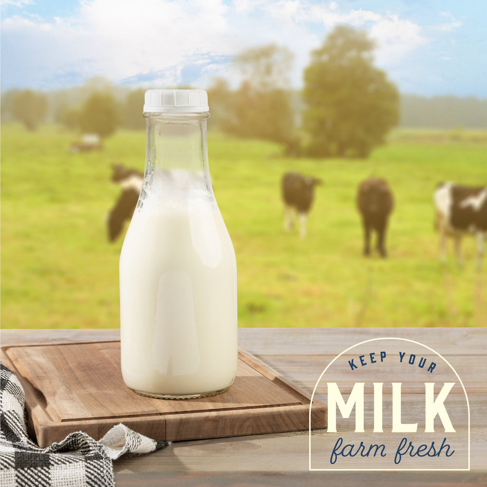 Round farmhouse milk bottle on breakfast table