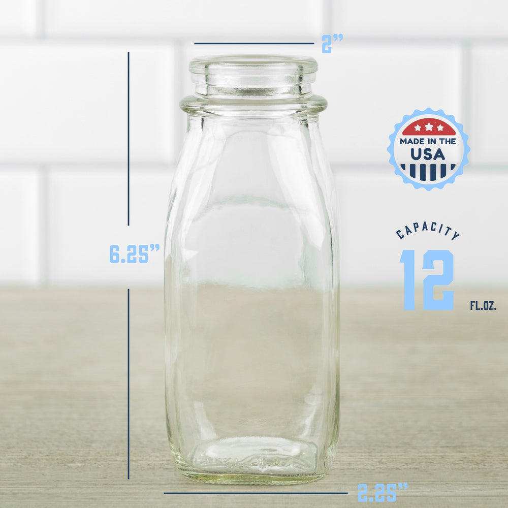 Clear Glass Milk Bottles with Lids - 12 Pc.