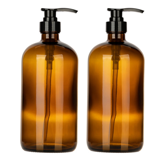 Amber glass pump bottle dispensing detail
