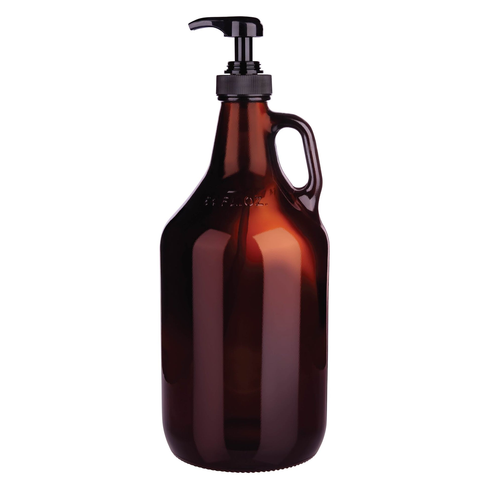 Half gallon amber glass pump dispenser bottle, 64 oz