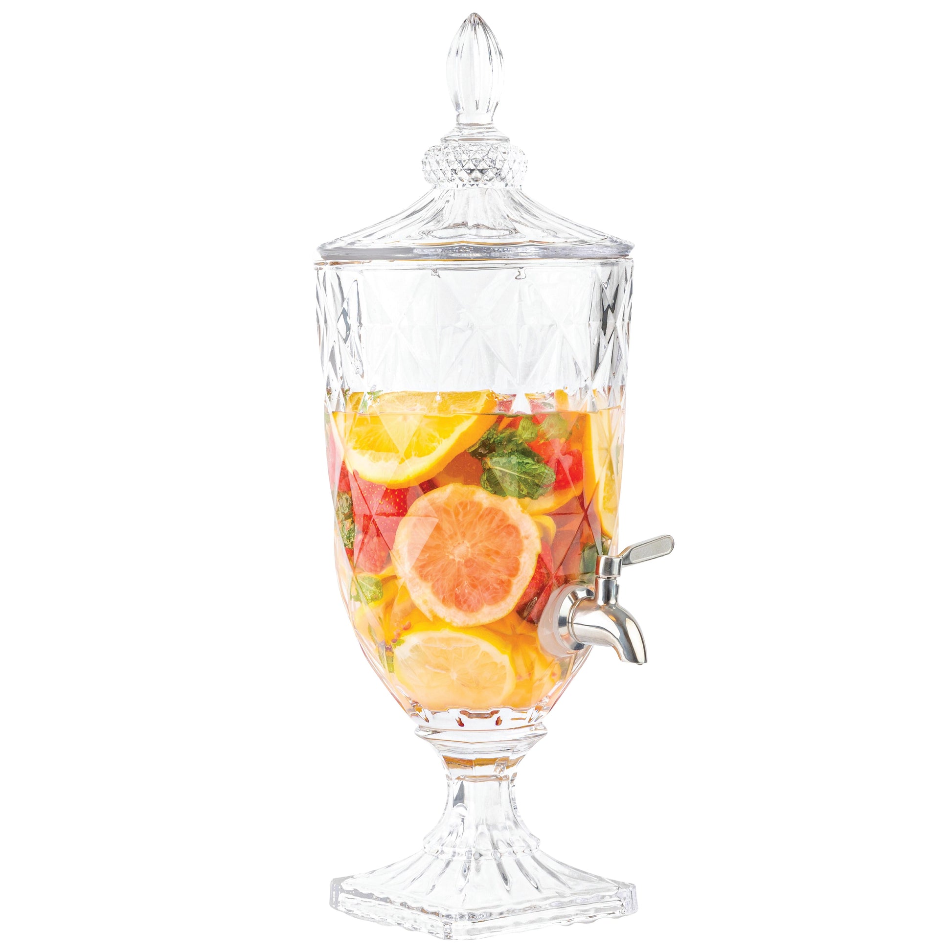 Glass pedestal beverage dispenser with stainless steel spigot