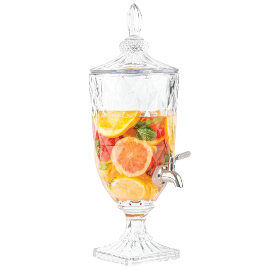 Glass pedestal beverage dispenser with stainless steel spigot