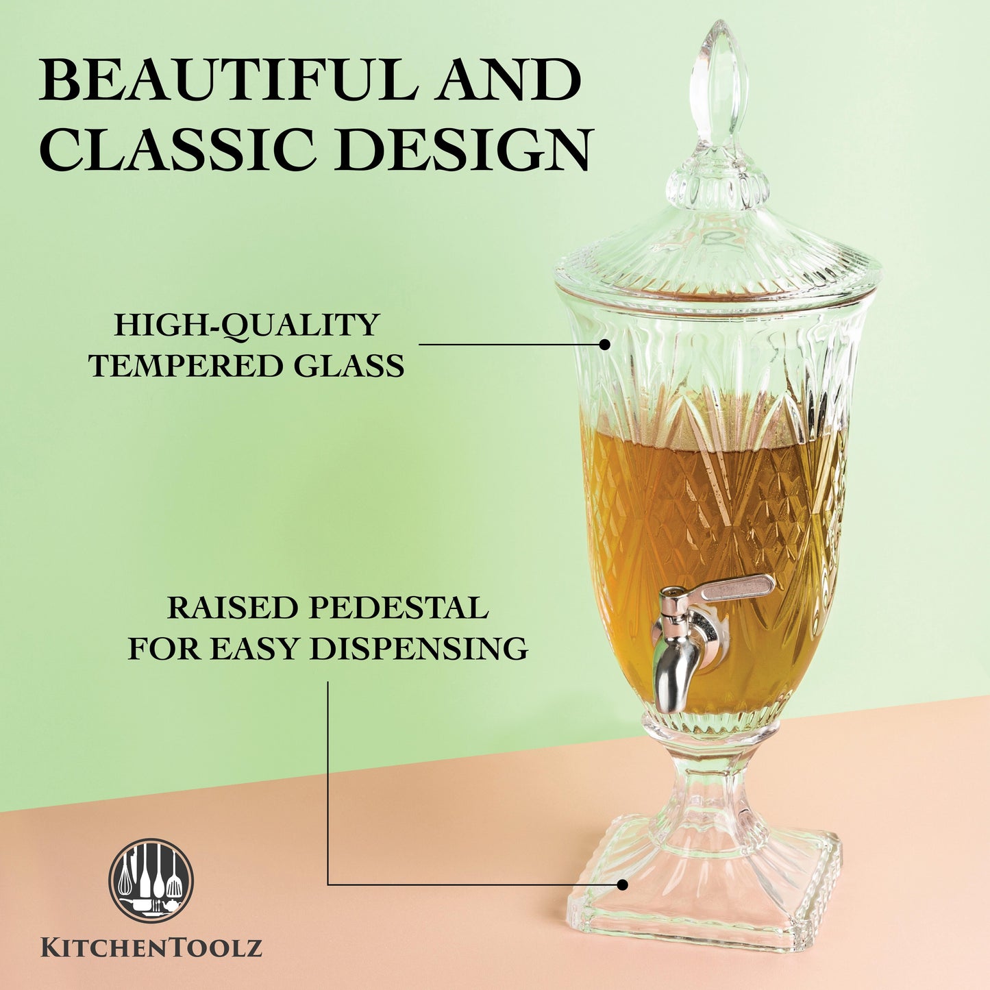 Decorative Glass Pedestal Beverage Dispenser with Stainless Steel Spigot