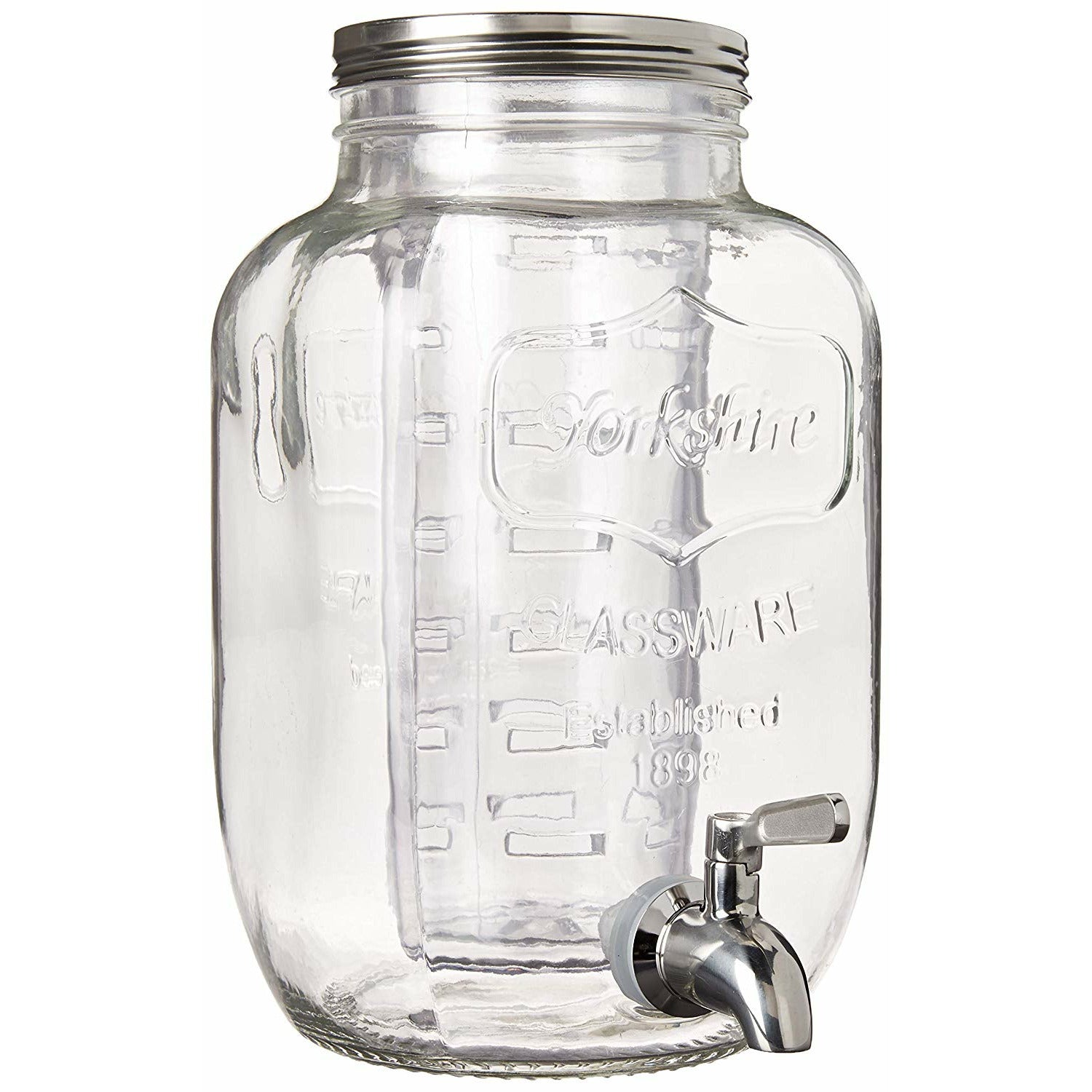 Kitchentoolz 2 Gallon Glass Beverage Dispenser with Metal Spigot - Yorkshire Mason Jar Glassware with Wide Mouth Metal Lid - Great for Sun Tea Iced TE