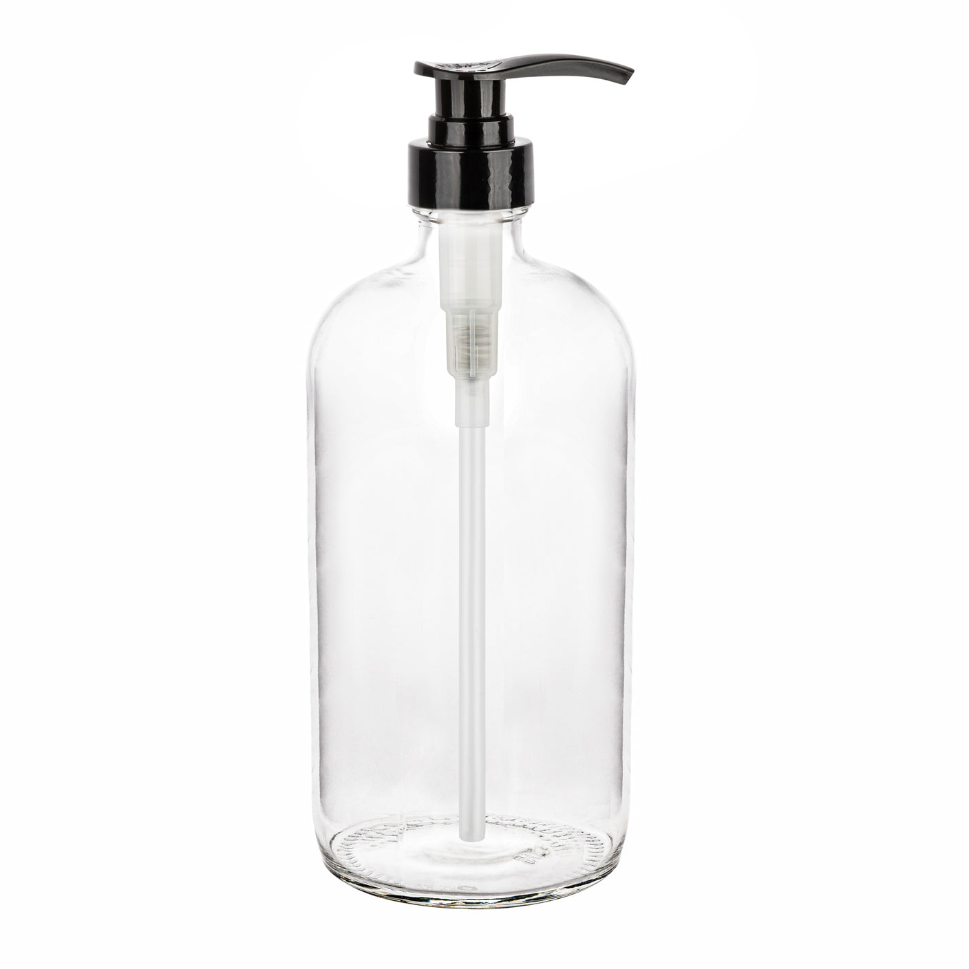Clear glass pump bottle dispensing detail