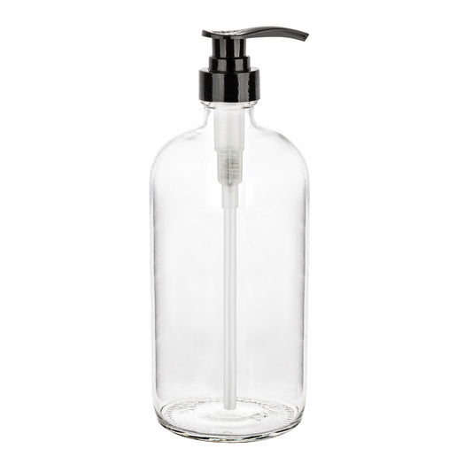 Clear glass pump bottle dispensing detail